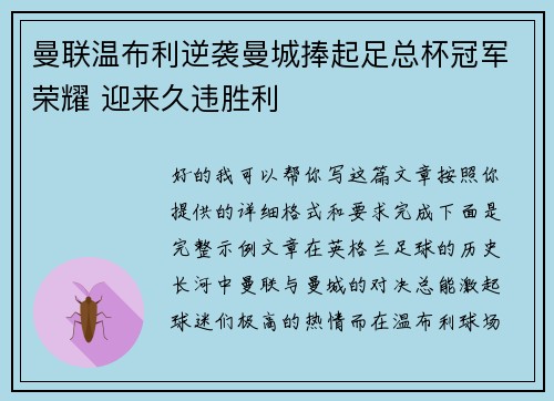 曼联温布利逆袭曼城捧起足总杯冠军荣耀 迎来久违胜利