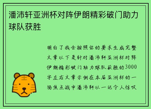 潘沛轩亚洲杯对阵伊朗精彩破门助力球队获胜